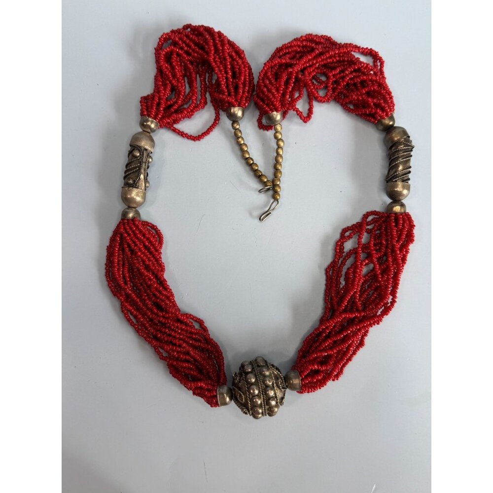 Vintage 1960s Tribal Red Coral Seed Beaded MultiStrand Necklace Oxidized Silver - Picture 3 of 8